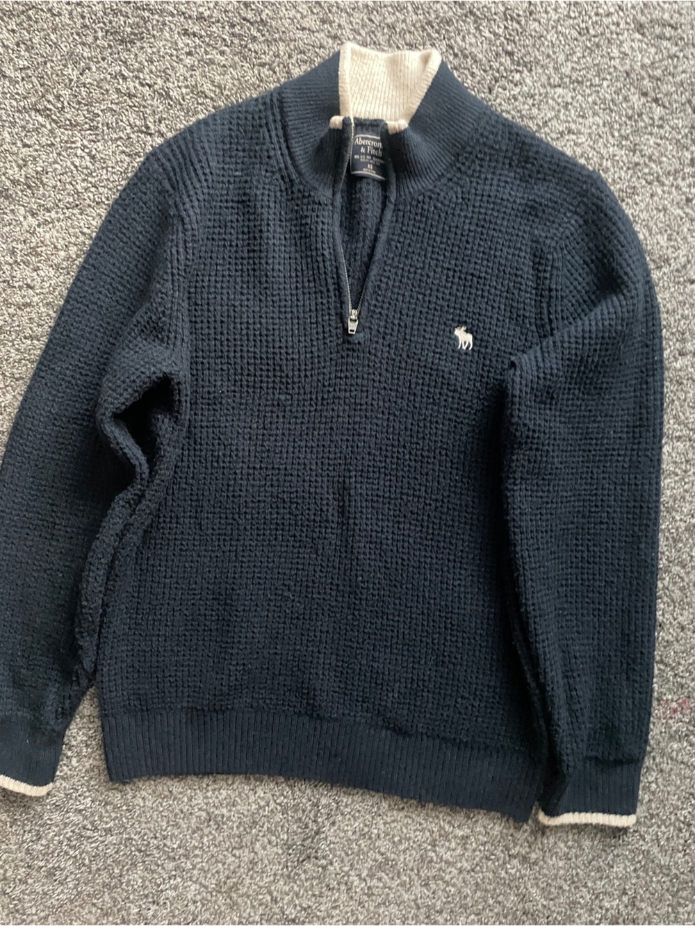 Abercrombie & Fitch Navy Waffle-Knit Half-Zip Sweater with Cream Trim